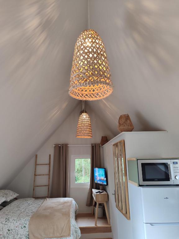 a bedroom with a bed and a microwave and two lights at Appartement Terrasse in Bagnoles de l'Orne