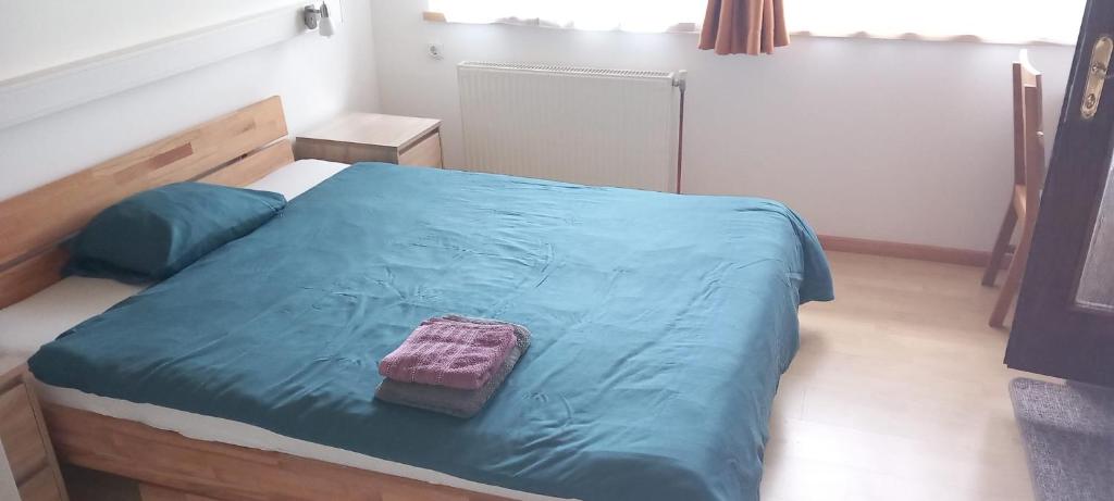 Una cama con un edredón azul y una toalla rosa. en CasaRoberto Apartment 1 en Gosau