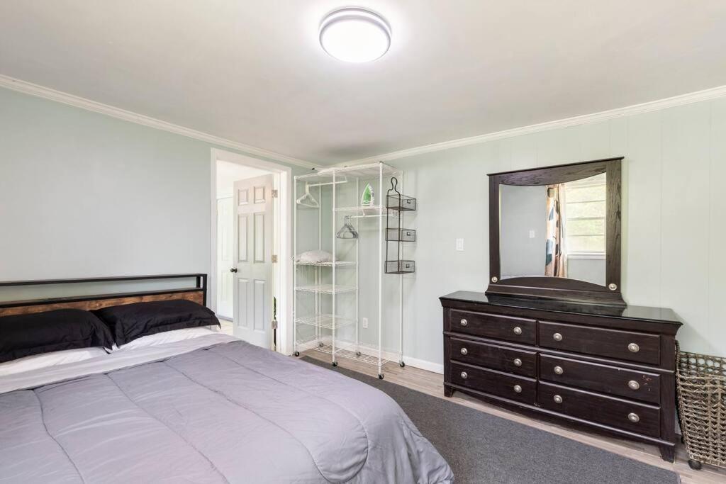 um quarto com uma cama, um espelho e uma cómoda em Southern Charm Retreat - 1Bedroom em Irmo