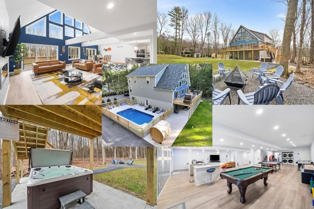 a collage of photos of a house with a pool table at Dulce Retreat in Blakeslee