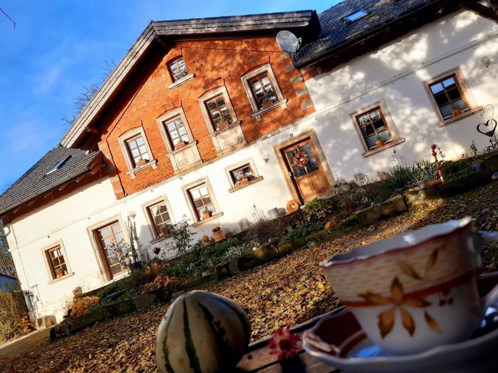 Une vieille maison avec quelques plats devant elle dans l'établissement Ferienhaus Jutta, à Stadtsteinach