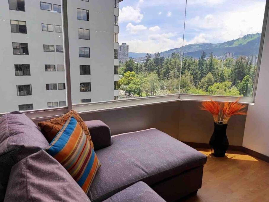 - un salon avec un canapé et une grande fenêtre dans l'établissement Shyris Departamento La Carolina, à Quito