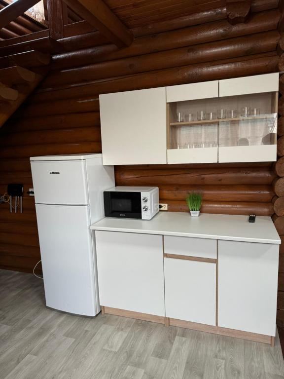 een keuken met witte kasten en een magnetron bij Добрий Хутор in Sukhyy Lyman