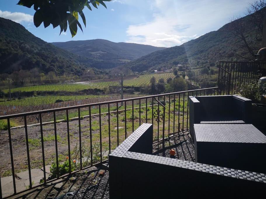 d'un balcon avec vue sur la vallée et les montagnes. dans l'établissement Au coeur des vignes, entre montagnes et rivière, à Vieussan