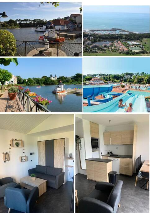 un collage de quatre photos d'une piscine dans l'établissement Appart. 6 pers. avec piscine, à Talmont-Saint-Hilaire