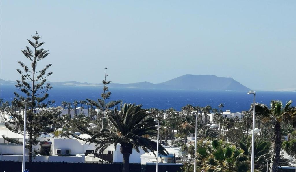 uitzicht op een stad met palmbomen en de oceaan bij Sich wie zu Hause fühlen in Playa Blanca