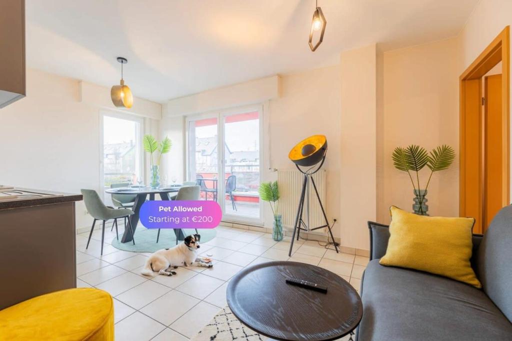 a dog sitting on the floor in a living room at Your Peaceful Escape in Luxembourg in Esch-sur-Alzette