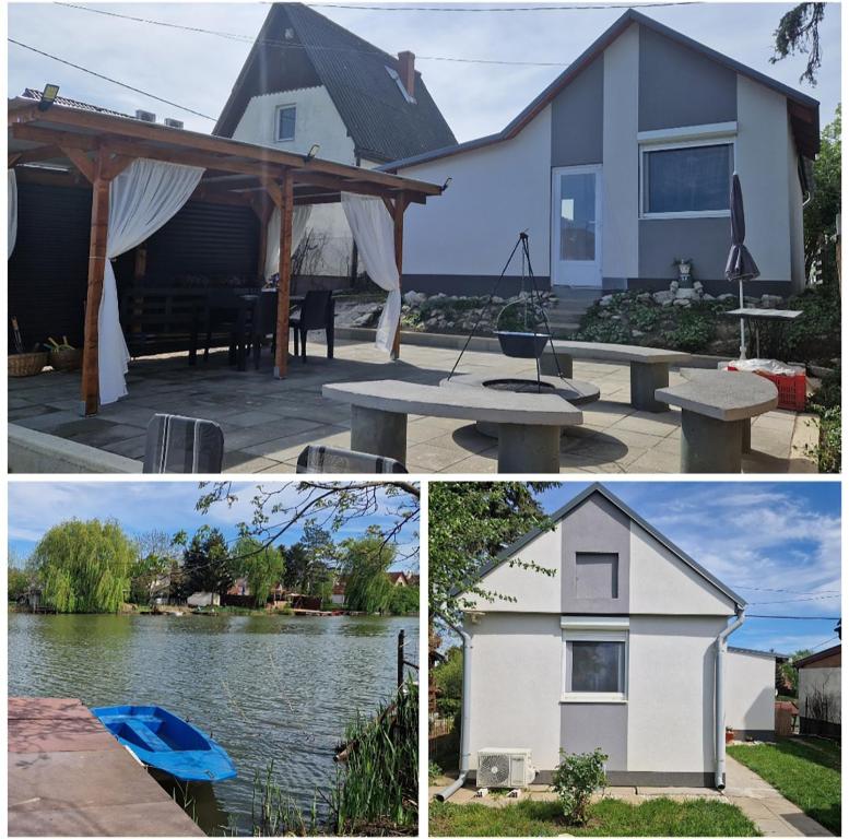 a house with a picnic table and a house with a lake at Tündérlak Nyaraló Békésszentandrás in Békésszentandrás