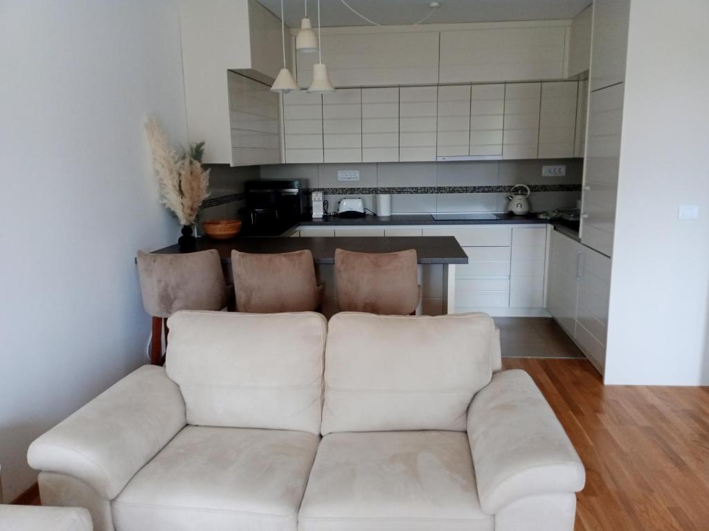 salon z białą kanapą w kuchni w obiekcie Apartman Tomas w mieście Subotica