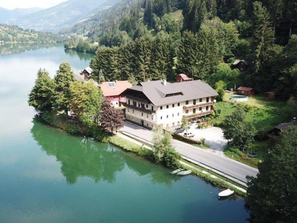 an aerial view of a house on an island in a lake at Apartment mit Seeblick in Feld am See