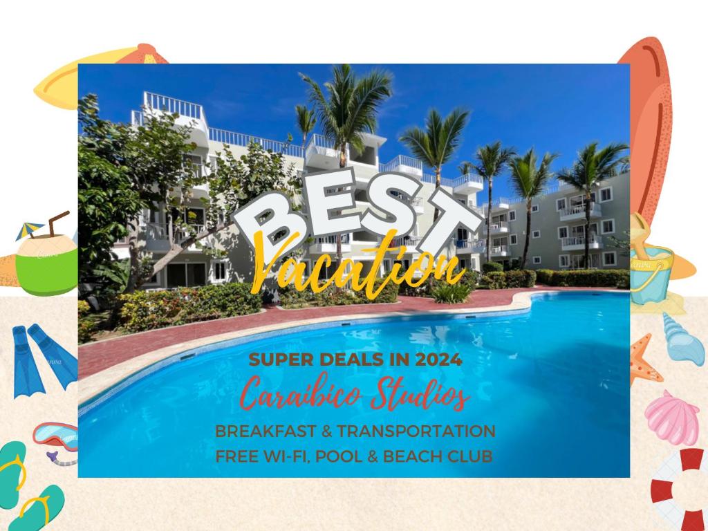 a vacation party invitation at a resort swimming pool at CARAIBICO STUDIOS Beach Club & Pool in Punta Cana