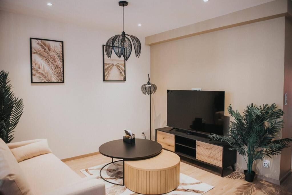 a living room with a couch and a table and a tv at Splendide appartement Cosy in Brioude