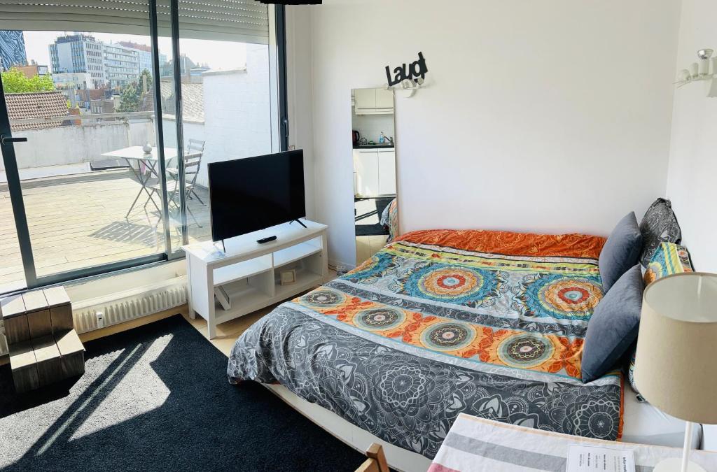 1 dormitorio con cama, TV y balcón en Ravissant appartement Louisa, en Bruselas