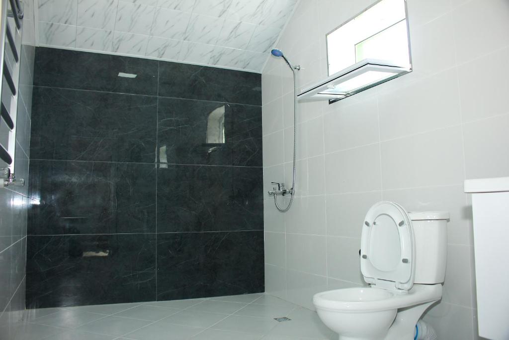 a bathroom with a toilet and a glass shower at İnci evler in Sheki