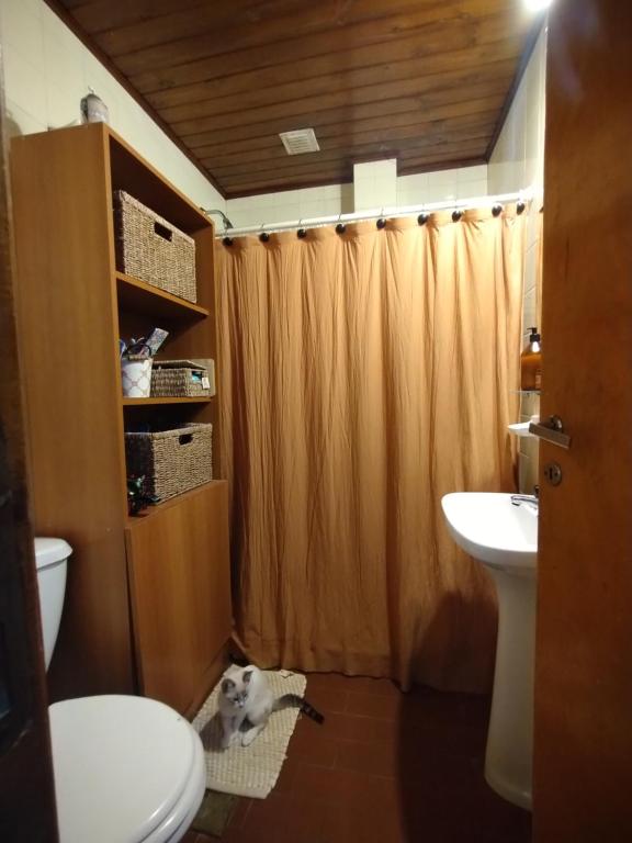 y baño con aseo y lavamanos. en Hogar cerca del aeropuerto en Ushuaia