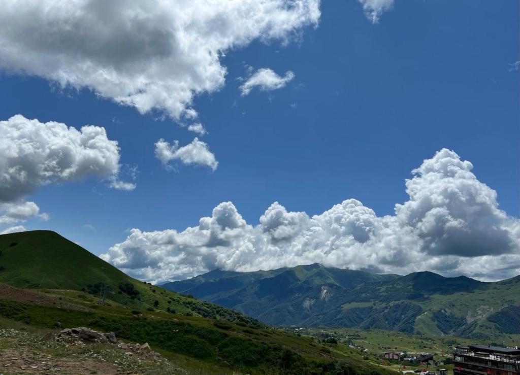 a green hillside with a blue sky and clouds at Gogi Ski Resort in Gudauri