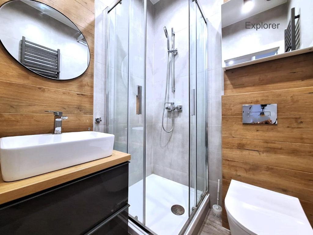 a bathroom with a shower and a sink and a mirror at Gold City Point Piotrkowska 37 in Łódź