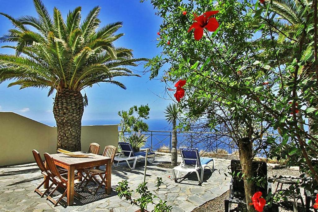 un patio con una mesa, sillas y una palmera en Ferienhaus für 4 Personen ca 75 qm in Puerto Naos, La Palma Westküste von La Palma en Puerto Naos