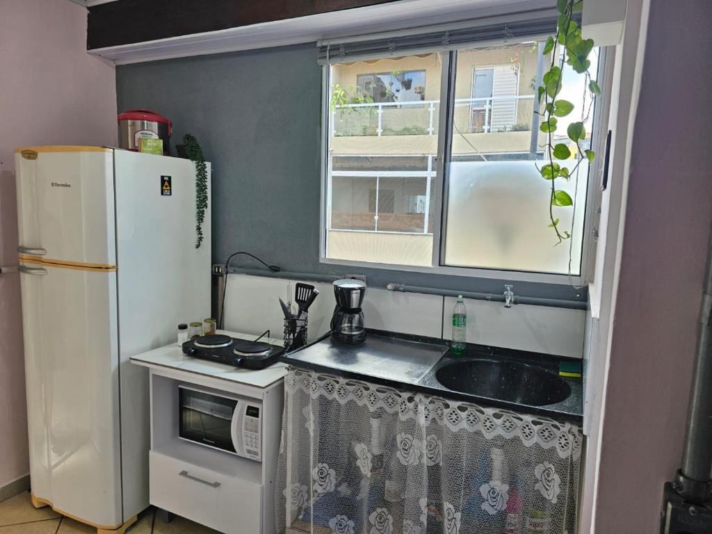 a small kitchen with a sink and a refrigerator at Kitnet Completa em Osasco Facil acesso ao Rodoanel in Osasco