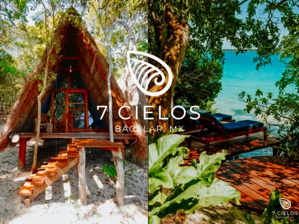 ein Resort am Strand mit einem Pavillon in der Unterkunft 7 CIELOS BACALAR. in Bacalar