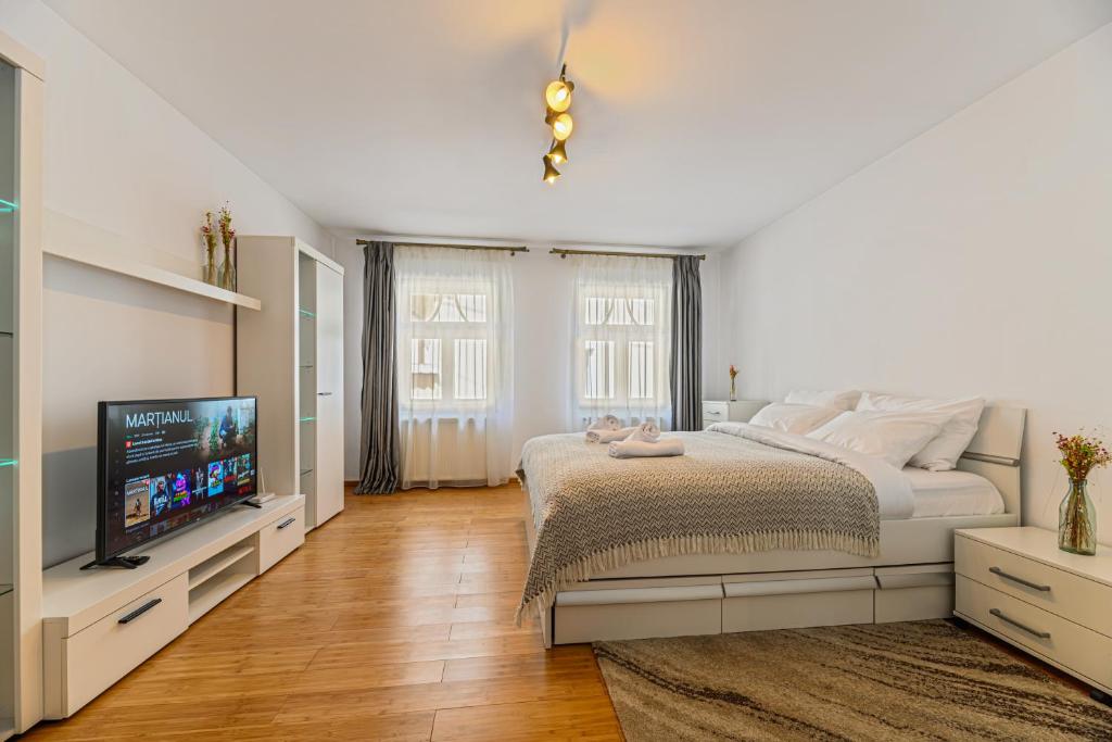 Schlafzimmer mit einem Bett und einem Flachbild-TV in der Unterkunft Ceahlau Cozy House in Braşov