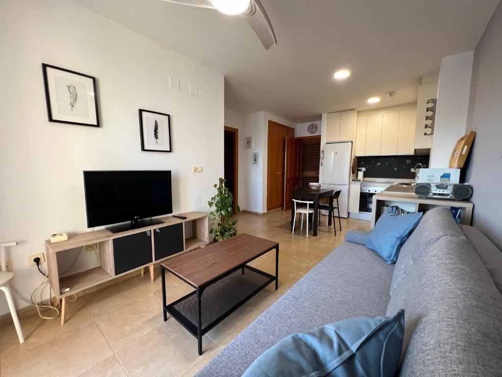 een woonkamer met een grijze bank en een televisie bij Apartamento Segrelles 22 in Canet de Berenguer