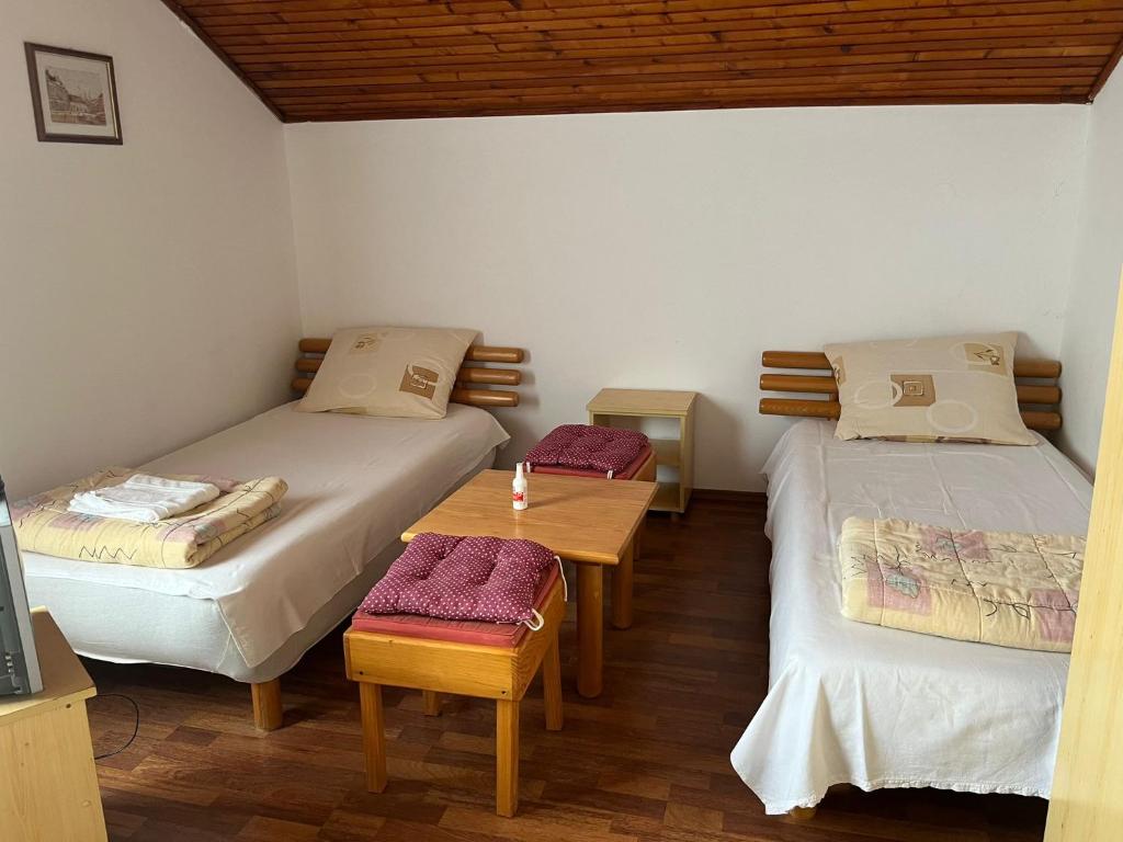 a room with two twin beds and a table at Privatni Smeštaj Marović in Vršac