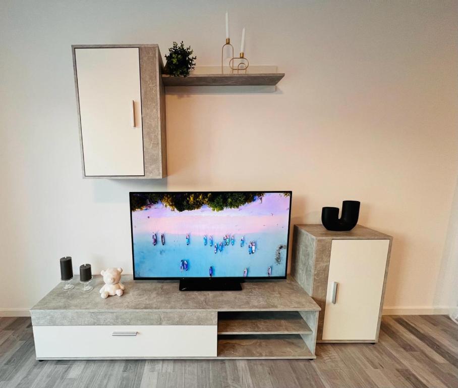 a living room with a flat screen tv on a tv stand at Apartment Weikersheim V in Weikersheim