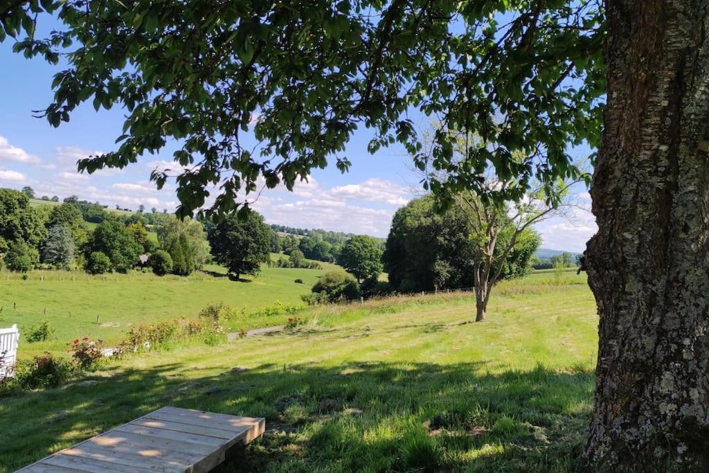 a bench sitting under a tree in a field at Studio lumineux Entrée privée Bocage Normand in Moncy
