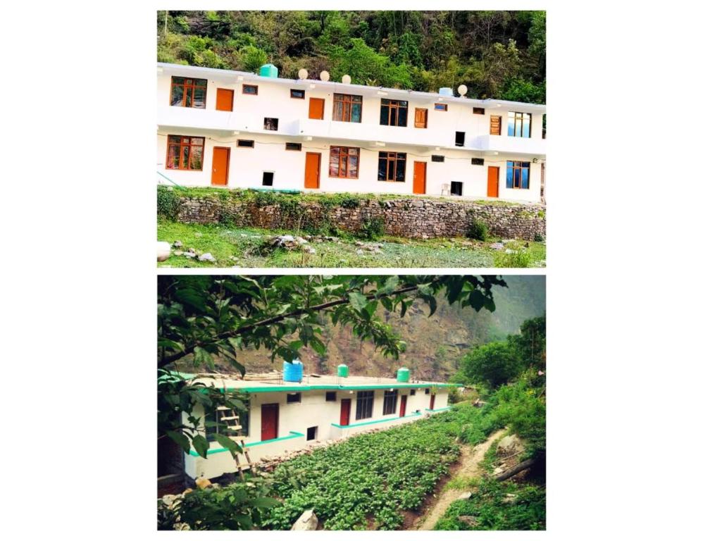 deux photos d'un bâtiment sur une colline dans l'établissement Hotel Namami Gange Syanachatti, Yamunotri, à Yamnotri