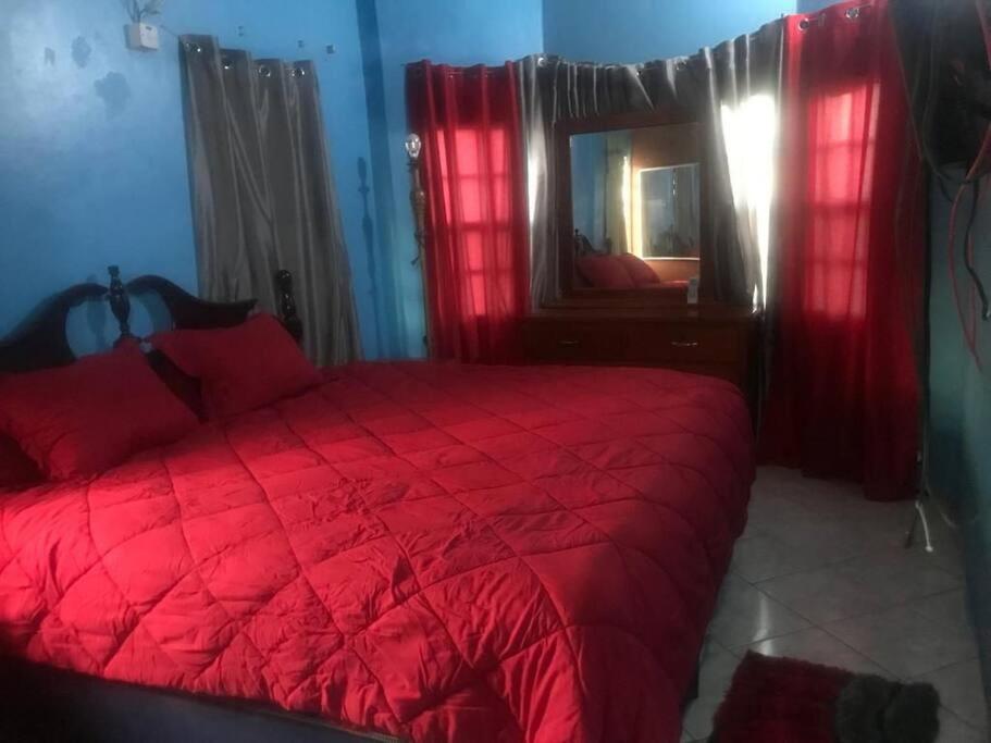 1 dormitorio con cama roja y espejo en Cozy 2BR/1BA retreat in St.Kitts close to airport en Romneys