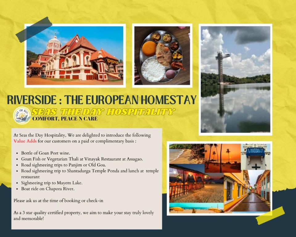 a flyer for the european homogeneity emergency therapyhospital at Riverside, The European Homestay 1 and 2! Luxury and Value in Goa's delightful location in Agarvado