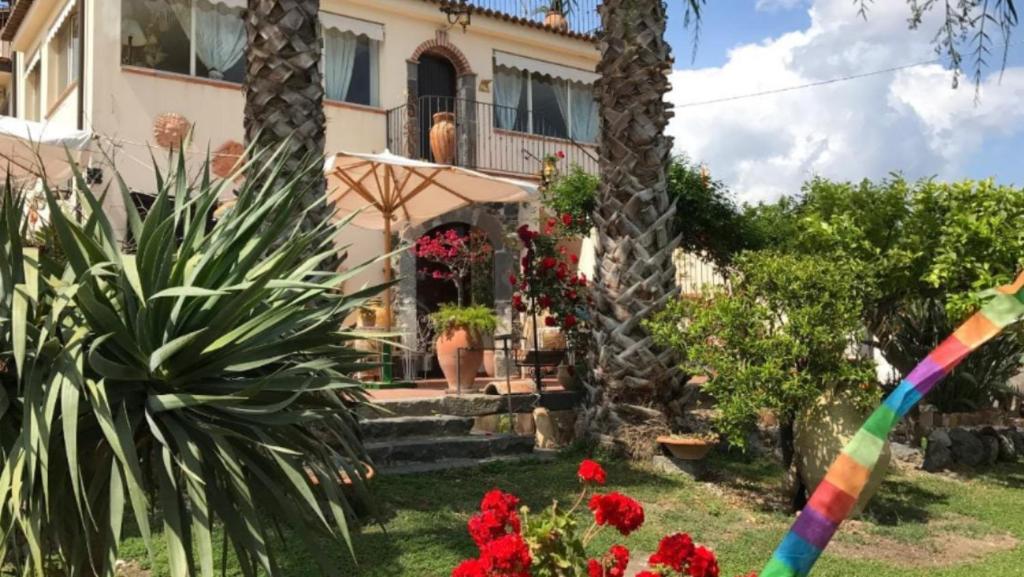 uma casa com duas palmeiras e um papagaio no quintal em La Capanna di Giuseppe e Maria em Taormina