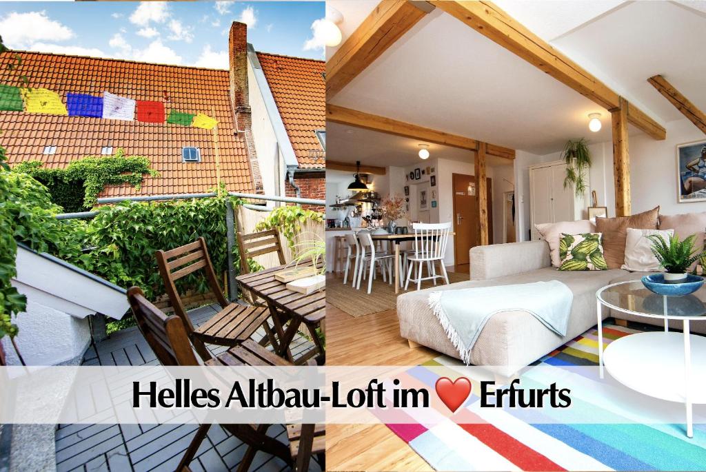 eine Collage mit zwei Bildern eines Wohnzimmers und eines Hauses in der Unterkunft Helles 80m2 Maisonette-Loft mit Balkon, Kingsize Bett, Smart-TV, etc in Erfurt