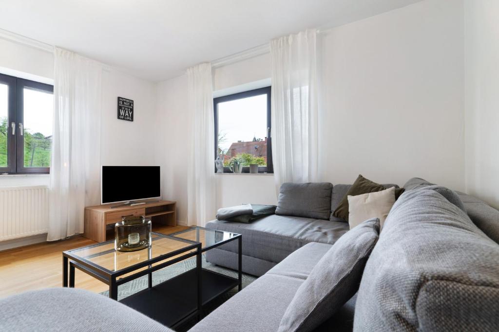 a living room with a couch and a tv at Ferienwohnung Obsthof Fieß in Oberkirch