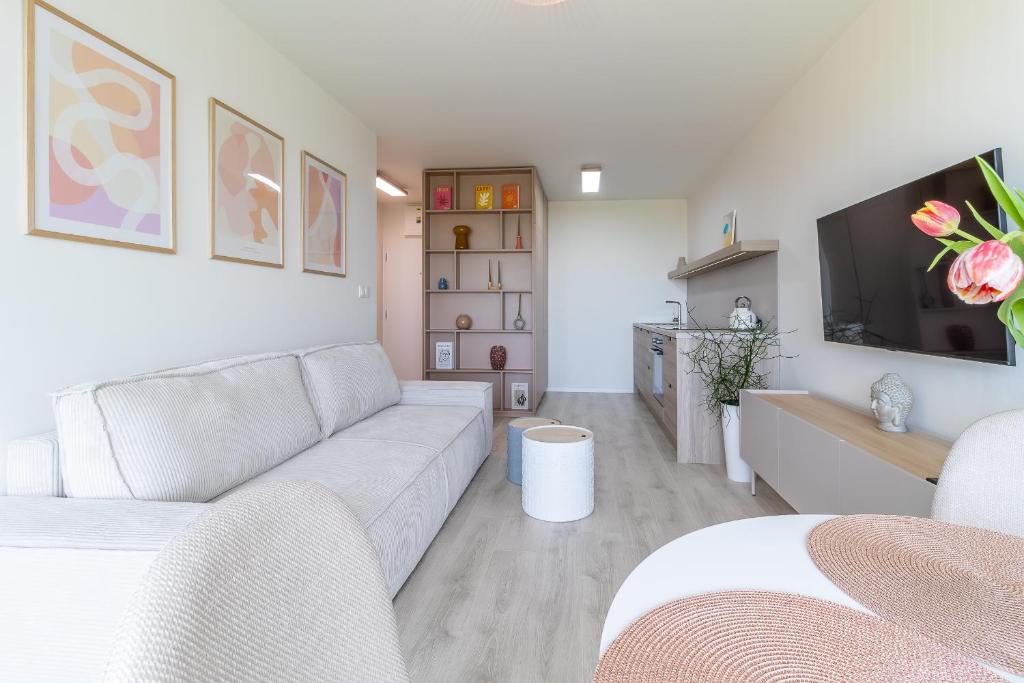 ein Wohnzimmer mit einem Sofa und einem Flachbild-TV in der Unterkunft Cozy apartment near city centrum and Bratislava airport in Prievoz