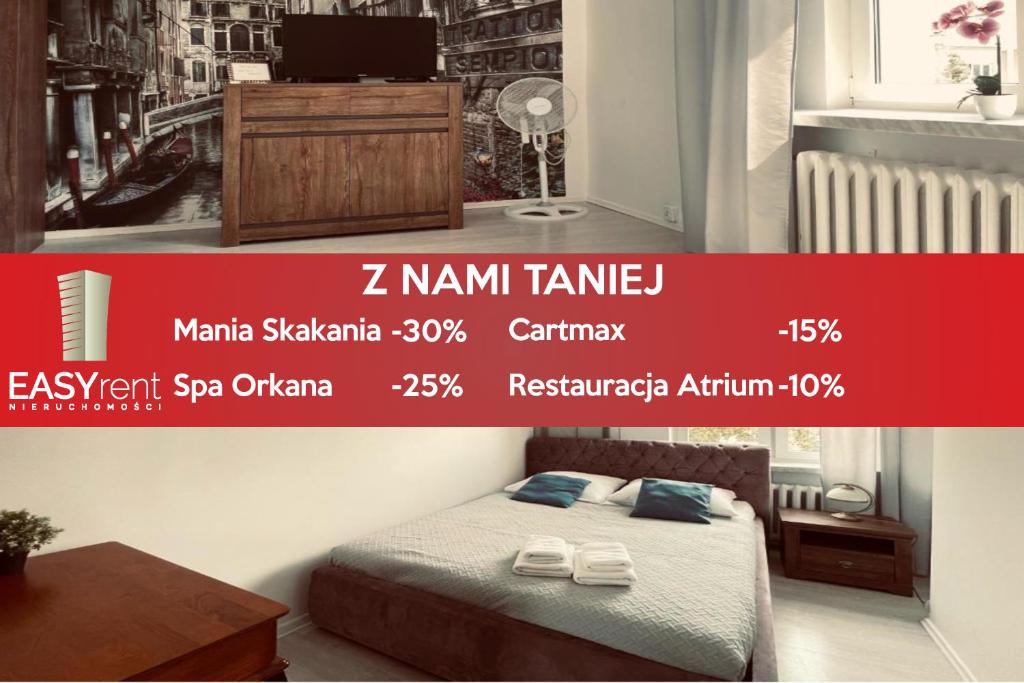 a poster of a bedroom with a bed and a tv at EASY RENT- Lublin Chopina CityCentre Free Parking 24h Check-in in Lublin
