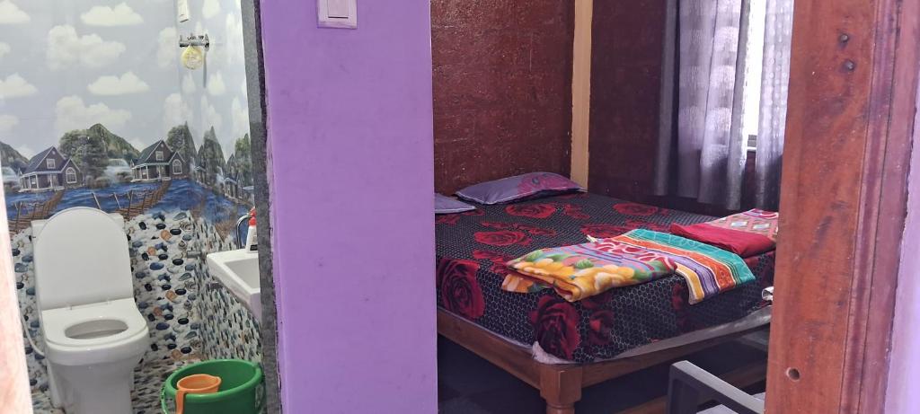 um pequeno quarto com uma pequena cama e um WC em DANDELI NAKADI Home Stay em Dandeli