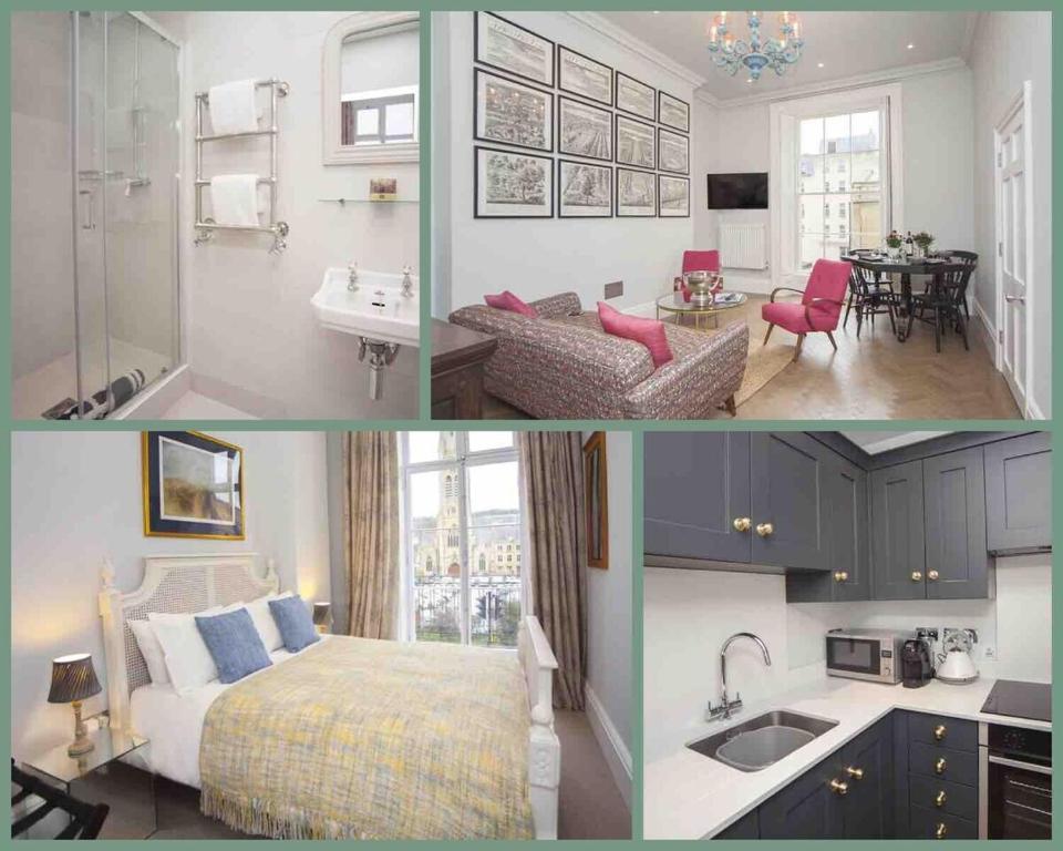 a collage of two pictures of a bedroom at Stylish City Centre Apartment - Bath in Bath