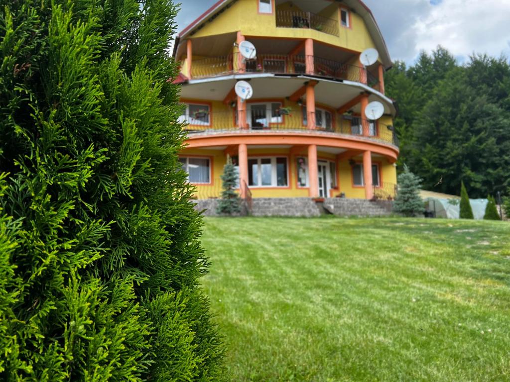 une grande maison jaune avec des horloges dans l'établissement Casa Potcoava, à Lepşa