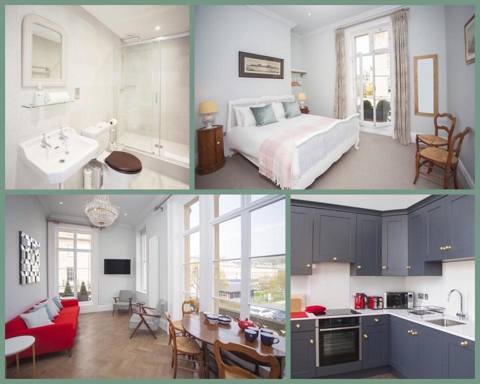 a collage of pictures of a bedroom and a bathroom at Beautiful City Centre Apartment - Bath in Bath