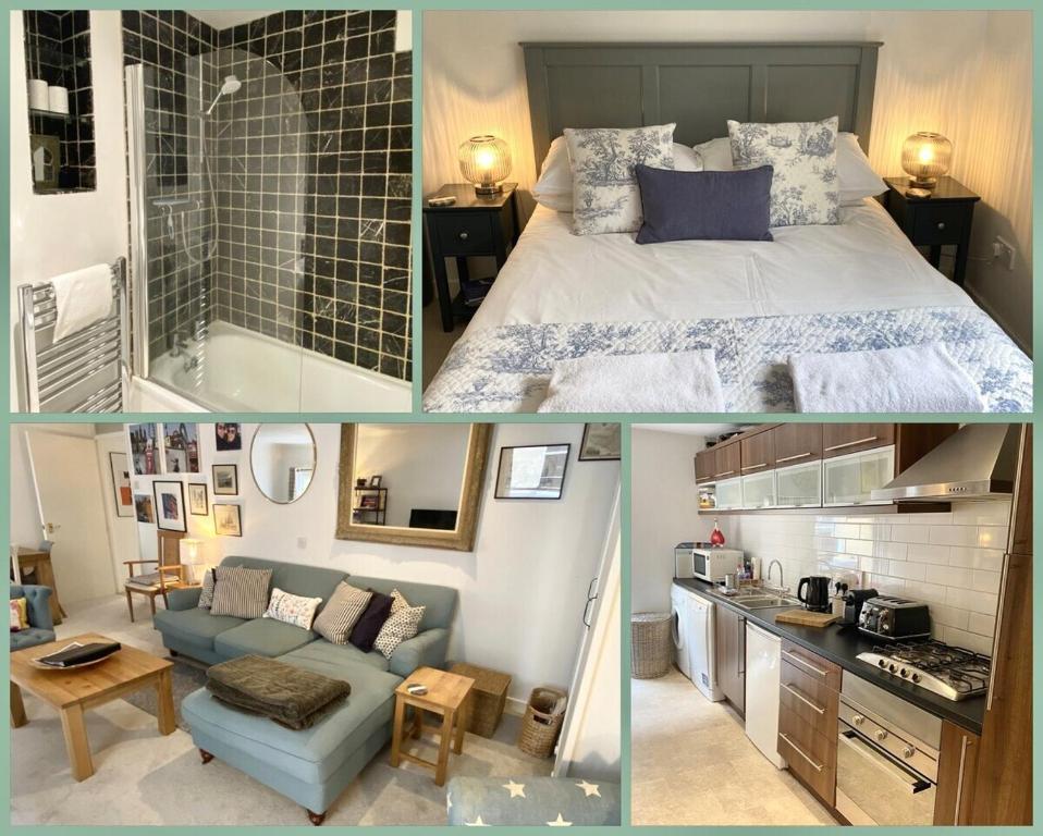 two pictures of a bedroom and a living room at Spacious City Centre Apartment Bath in Bath