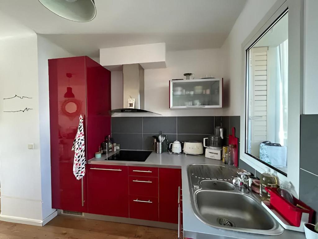 kuchnia z czerwonymi szafkami i zlewem w obiekcie Appartement Unique - Roucas Blanc w Marsylii
