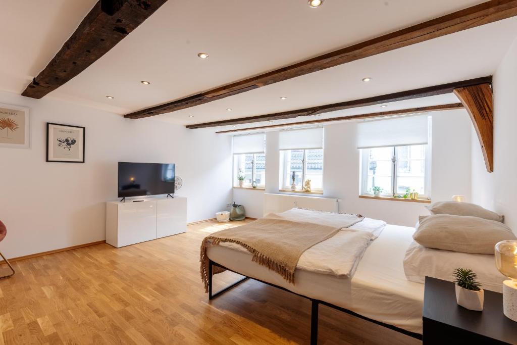a bedroom with a large bed and a flat screen tv at Fachwerk Boutique-Hotel 1 in Hattingen