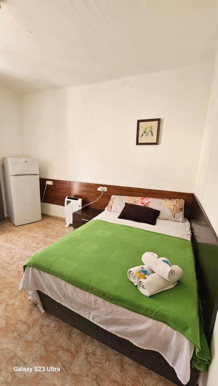 a bedroom with a large bed with a green blanket at Hostal Sol celeste in Lloret de Mar