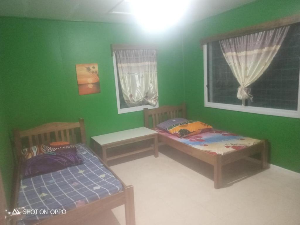 2 Betten in einem Zimmer mit grünen Wänden in der Unterkunft Ferafolia Highlands Home Stays in Auki
