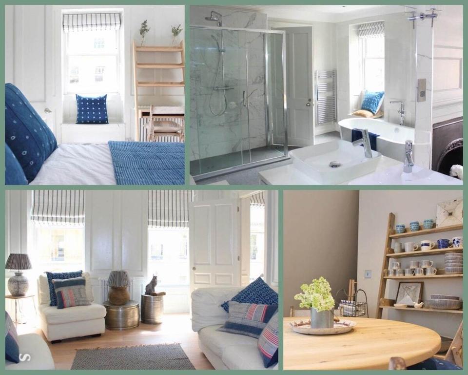 a collage of two pictures of a bathroom at Elegant Georgian Maisonette - Central Bath in Bath
