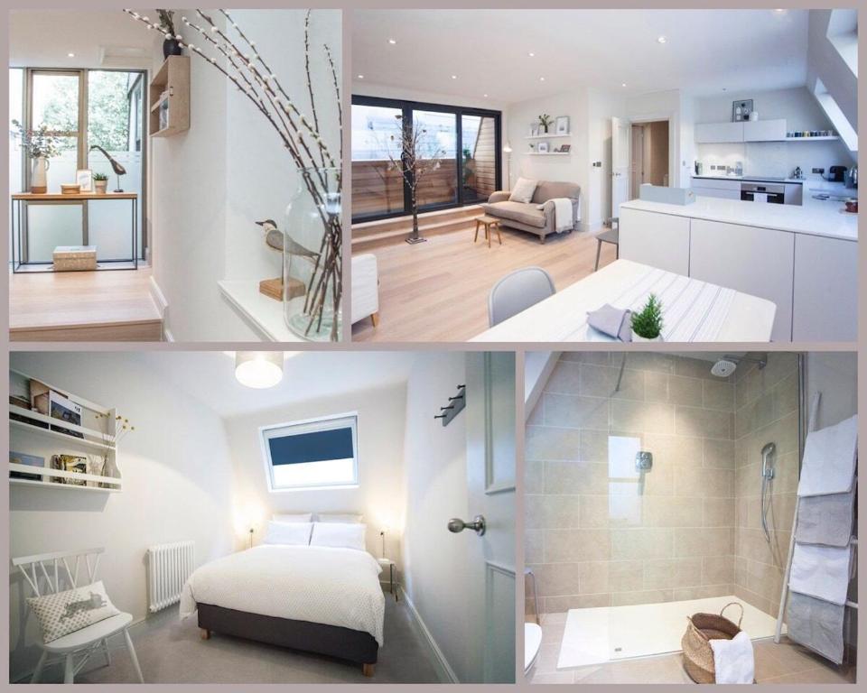 two pictures of a bedroom and a living room at Stylish Wood Street Apartment in Bath