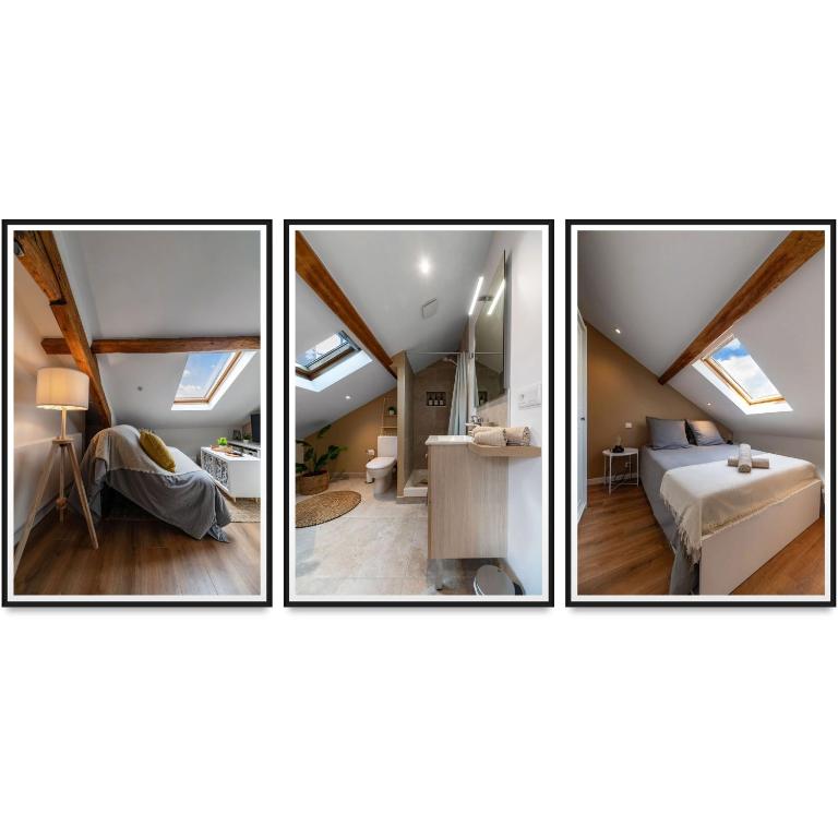 Trois photos d'une chambre mansardée avec lucarnes dans l'établissement Villa Poe-Tehani - Appartements design - Centre ville, à Vichy