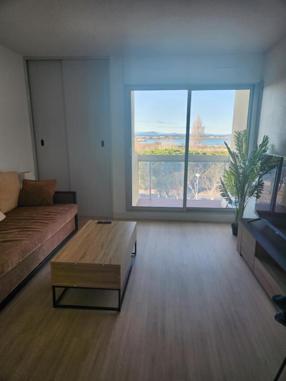un salon avec un canapé et une grande fenêtre dans l'établissement Le Sunset accès direct Port et à 5 min de la plage Carnon, à Mauguio